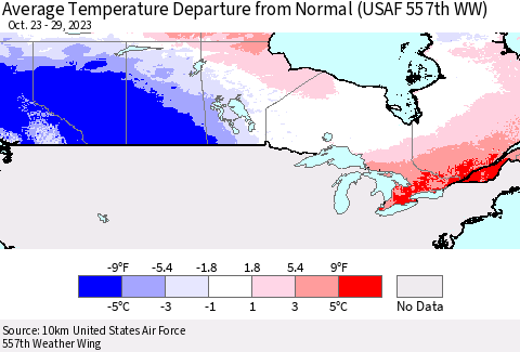 Canada Average Temperature Departure from Normal (USAF 557th WW) Thematic Map For 10/23/2023 - 10/29/2023