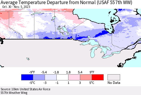 Canada Average Temperature Departure from Normal (USAF 557th WW) Thematic Map For 10/30/2023 - 11/5/2023