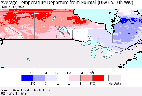 Canada Average Temperature Departure from Normal (USAF 557th WW) Thematic Map For 11/6/2023 - 11/12/2023