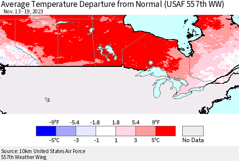 Canada Average Temperature Departure from Normal (USAF 557th WW) Thematic Map For 11/13/2023 - 11/19/2023