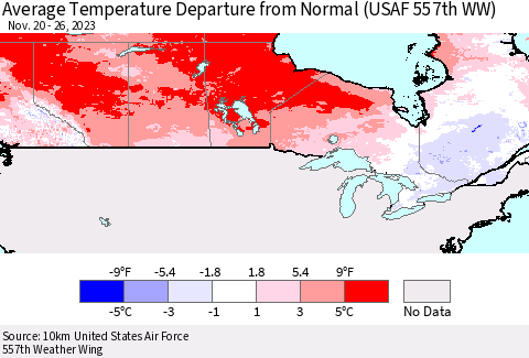 Canada Average Temperature Departure from Normal (USAF 557th WW) Thematic Map For 11/20/2023 - 11/26/2023