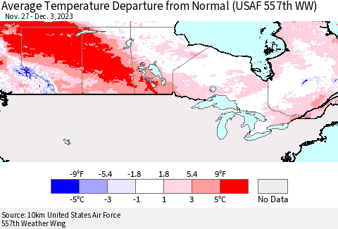 Canada Average Temperature Departure from Normal (USAF 557th WW) Thematic Map For 11/27/2023 - 12/3/2023