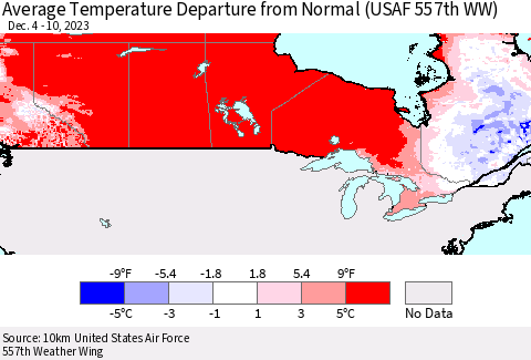 Canada Average Temperature Departure from Normal (USAF 557th WW) Thematic Map For 12/4/2023 - 12/10/2023