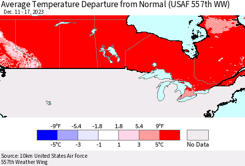 Canada Average Temperature Departure from Normal (USAF 557th WW) Thematic Map For 12/11/2023 - 12/17/2023