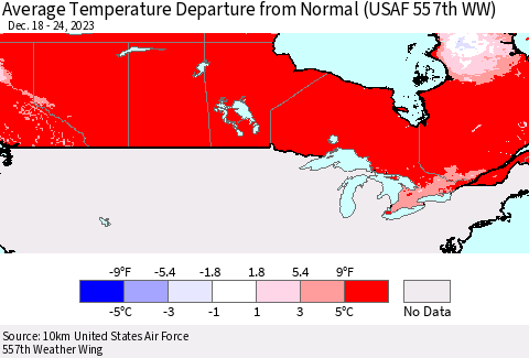 Canada Average Temperature Departure from Normal (USAF 557th WW) Thematic Map For 12/18/2023 - 12/24/2023
