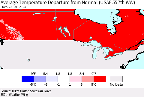Canada Average Temperature Departure from Normal (USAF 557th WW) Thematic Map For 12/25/2023 - 12/31/2023