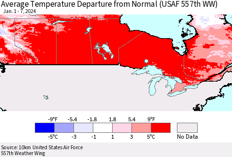 Canada Average Temperature Departure from Normal (USAF 557th WW) Thematic Map For 1/1/2024 - 1/7/2024