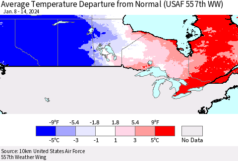 Canada Average Temperature Departure from Normal (USAF 557th WW) Thematic Map For 1/8/2024 - 1/14/2024