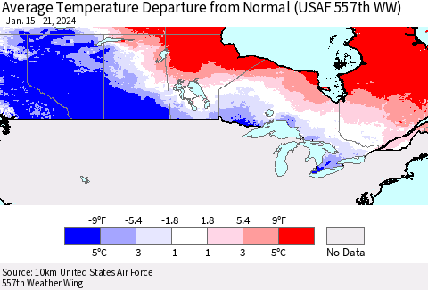 Canada Average Temperature Departure from Normal (USAF 557th WW) Thematic Map For 1/15/2024 - 1/21/2024