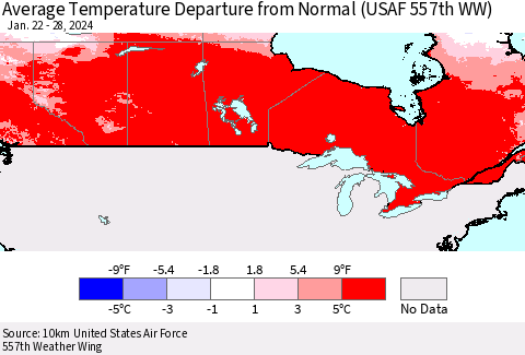 Canada Average Temperature Departure from Normal (USAF 557th WW) Thematic Map For 1/22/2024 - 1/28/2024
