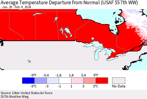 Canada Average Temperature Departure from Normal (USAF 557th WW) Thematic Map For 1/29/2024 - 2/4/2024