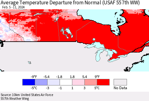 Canada Average Temperature Departure from Normal (USAF 557th WW) Thematic Map For 2/5/2024 - 2/11/2024
