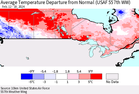 Canada Average Temperature Departure from Normal (USAF 557th WW) Thematic Map For 2/12/2024 - 2/18/2024