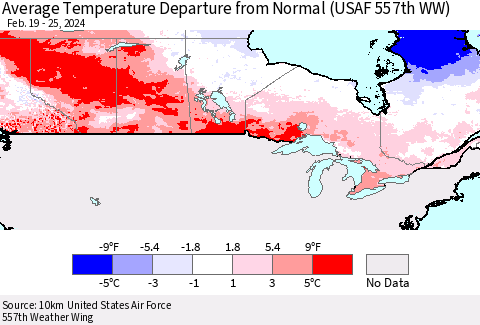 Canada Average Temperature Departure from Normal (USAF 557th WW) Thematic Map For 2/19/2024 - 2/25/2024