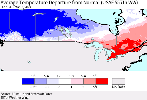 Canada Average Temperature Departure from Normal (USAF 557th WW) Thematic Map For 2/26/2024 - 3/3/2024