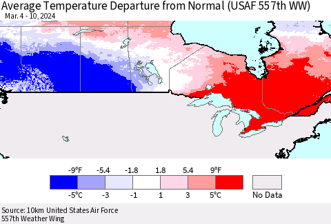 Canada Average Temperature Departure from Normal (USAF 557th WW) Thematic Map For 3/4/2024 - 3/10/2024
