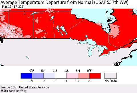 Canada Average Temperature Departure from Normal (USAF 557th WW) Thematic Map For 3/11/2024 - 3/17/2024