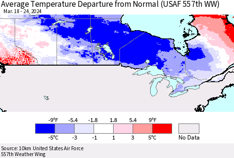 Canada Average Temperature Departure from Normal (USAF 557th WW) Thematic Map For 3/18/2024 - 3/24/2024