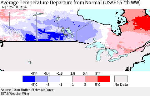 Canada Average Temperature Departure from Normal (USAF 557th WW) Thematic Map For 3/25/2024 - 3/31/2024