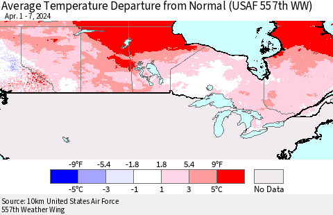 Canada Average Temperature Departure from Normal (USAF 557th WW) Thematic Map For 4/1/2024 - 4/7/2024