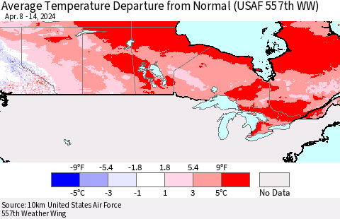 Canada Average Temperature Departure from Normal (USAF 557th WW) Thematic Map For 4/8/2024 - 4/14/2024