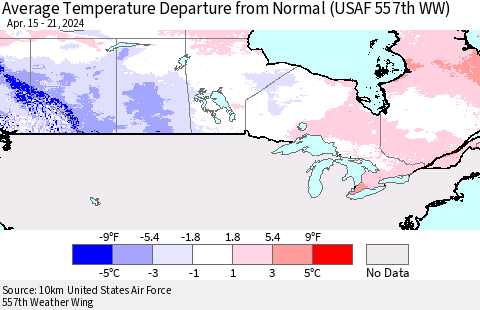 Canada Average Temperature Departure from Normal (USAF 557th WW) Thematic Map For 4/15/2024 - 4/21/2024
