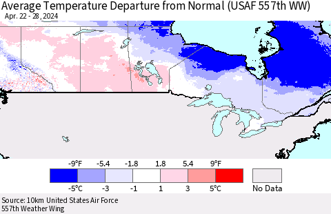Canada Average Temperature Departure from Normal (USAF 557th WW) Thematic Map For 4/22/2024 - 4/28/2024