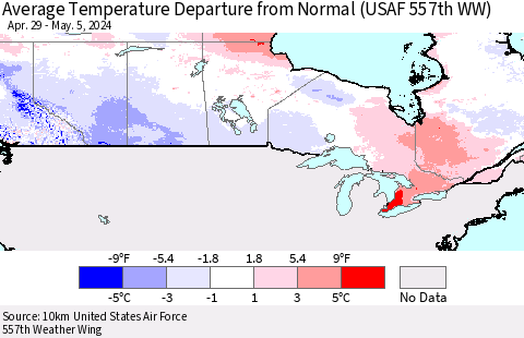 Canada Average Temperature Departure from Normal (USAF 557th WW) Thematic Map For 4/29/2024 - 5/5/2024