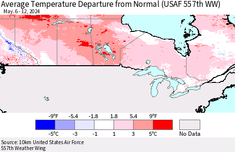 Canada Average Temperature Departure from Normal (USAF 557th WW) Thematic Map For 5/6/2024 - 5/12/2024