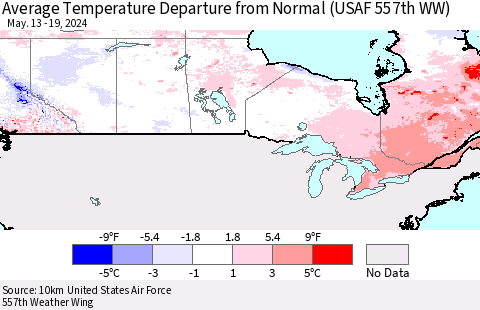 Canada Average Temperature Departure from Normal (USAF 557th WW) Thematic Map For 5/13/2024 - 5/19/2024