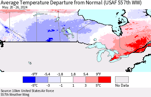Canada Average Temperature Departure from Normal (USAF 557th WW) Thematic Map For 5/20/2024 - 5/26/2024
