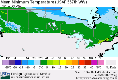 Canada Mean Minimum Temperature (USAF 557th WW) Thematic Map For 5/10/2021 - 5/16/2021