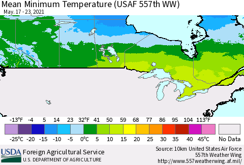 Canada Mean Minimum Temperature (USAF 557th WW) Thematic Map For 5/17/2021 - 5/23/2021