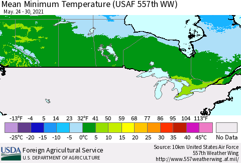 Canada Mean Minimum Temperature (USAF 557th WW) Thematic Map For 5/24/2021 - 5/30/2021