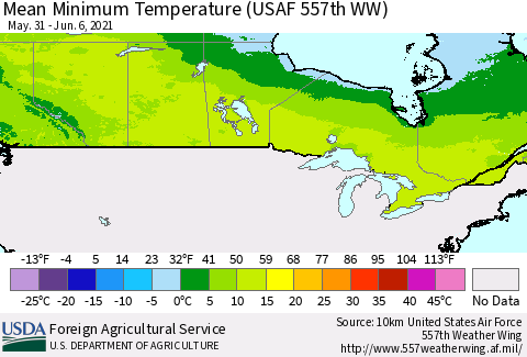 Canada Mean Minimum Temperature (USAF 557th WW) Thematic Map For 5/31/2021 - 6/6/2021