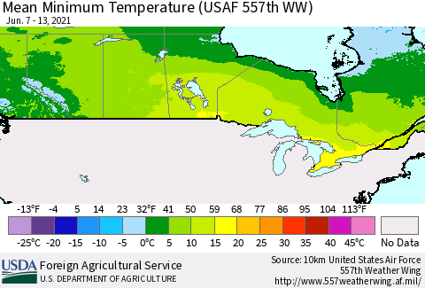Canada Mean Minimum Temperature (USAF 557th WW) Thematic Map For 6/7/2021 - 6/13/2021