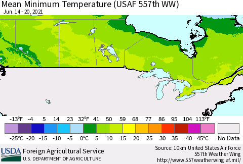 Canada Mean Minimum Temperature (USAF 557th WW) Thematic Map For 6/14/2021 - 6/20/2021