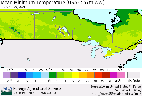Canada Mean Minimum Temperature (USAF 557th WW) Thematic Map For 6/21/2021 - 6/27/2021