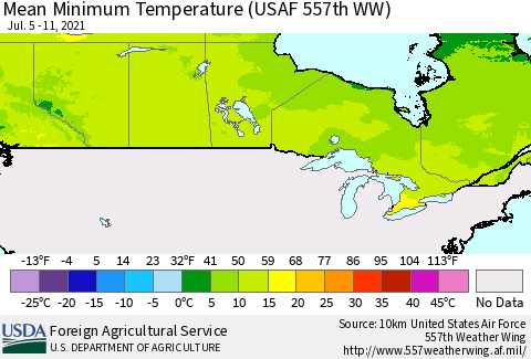 Canada Mean Minimum Temperature (USAF 557th WW) Thematic Map For 7/5/2021 - 7/11/2021