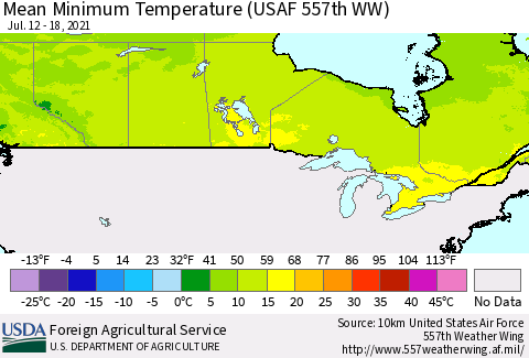 Canada Mean Minimum Temperature (USAF 557th WW) Thematic Map For 7/12/2021 - 7/18/2021