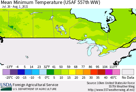 Canada Mean Minimum Temperature (USAF 557th WW) Thematic Map For 7/26/2021 - 8/1/2021