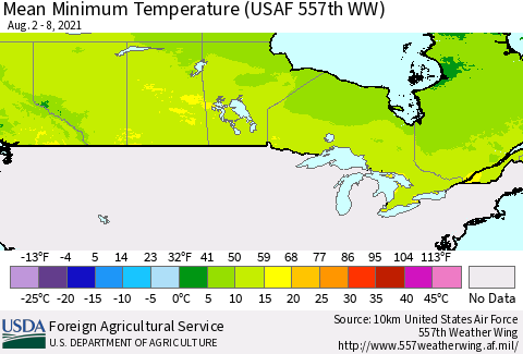 Canada Mean Minimum Temperature (USAF 557th WW) Thematic Map For 8/2/2021 - 8/8/2021
