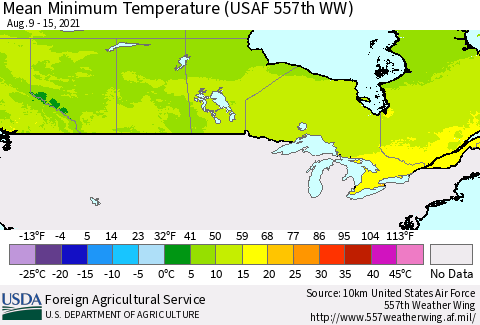 Canada Mean Minimum Temperature (USAF 557th WW) Thematic Map For 8/9/2021 - 8/15/2021