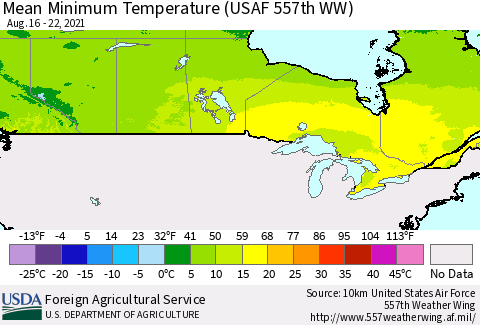 Canada Mean Minimum Temperature (USAF 557th WW) Thematic Map For 8/16/2021 - 8/22/2021