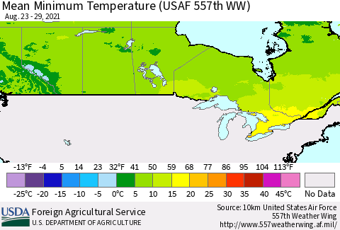 Canada Mean Minimum Temperature (USAF 557th WW) Thematic Map For 8/23/2021 - 8/29/2021