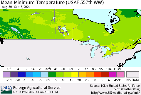 Canada Mean Minimum Temperature (USAF 557th WW) Thematic Map For 8/30/2021 - 9/5/2021
