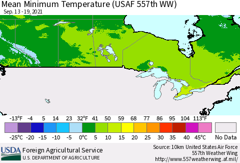 Canada Mean Minimum Temperature (USAF 557th WW) Thematic Map For 9/13/2021 - 9/19/2021