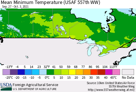 Canada Mean Minimum Temperature (USAF 557th WW) Thematic Map For 9/27/2021 - 10/3/2021