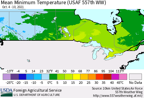 Canada Mean Minimum Temperature (USAF 557th WW) Thematic Map For 10/4/2021 - 10/10/2021