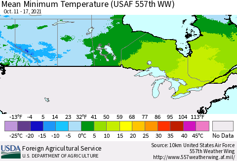 Canada Mean Minimum Temperature (USAF 557th WW) Thematic Map For 10/11/2021 - 10/17/2021